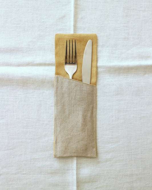 Bestecktaschen im 2er Set aus reinem Bio-Leinen, Flachs/Honiggelb