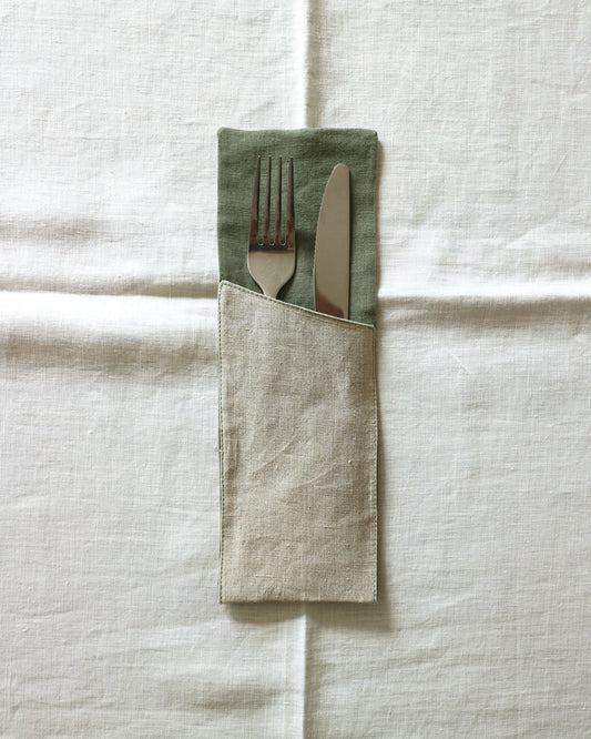 Bestecktaschen im 2er Set aus reinem Bio-Leinen, Flachs/Olivgrün