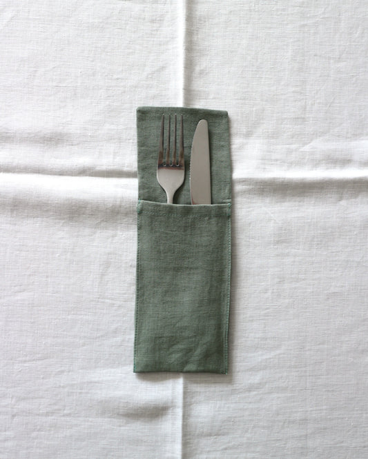 Bestecktaschen im 2er Set aus reinem Bio-Leinen, Olivgrün