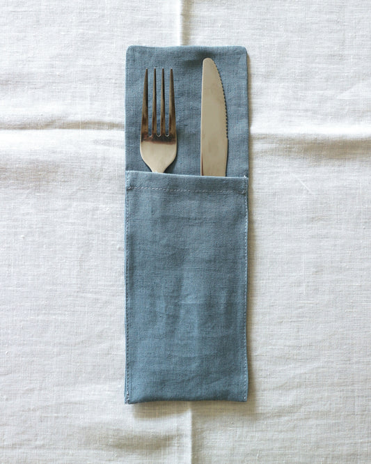 Bestecktaschen im 2er Set aus reinem Bio-Leinen, Seeblau