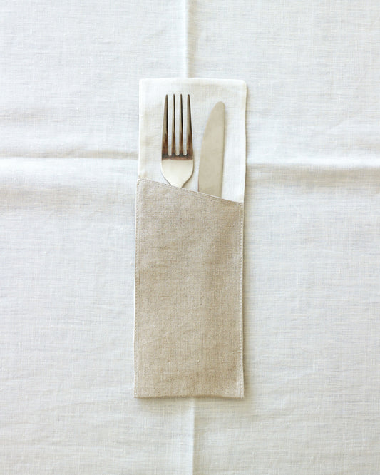 Bestecktaschen im 2er Set aus reinem Bio-Leinen, Flachs/Offwhite