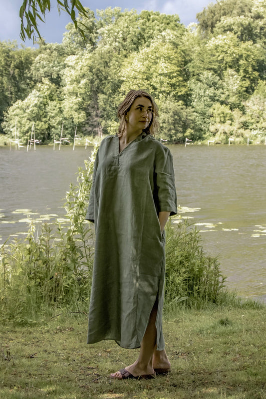 Leinenkleid in Olivgrün aus 100% Bio-Leinen