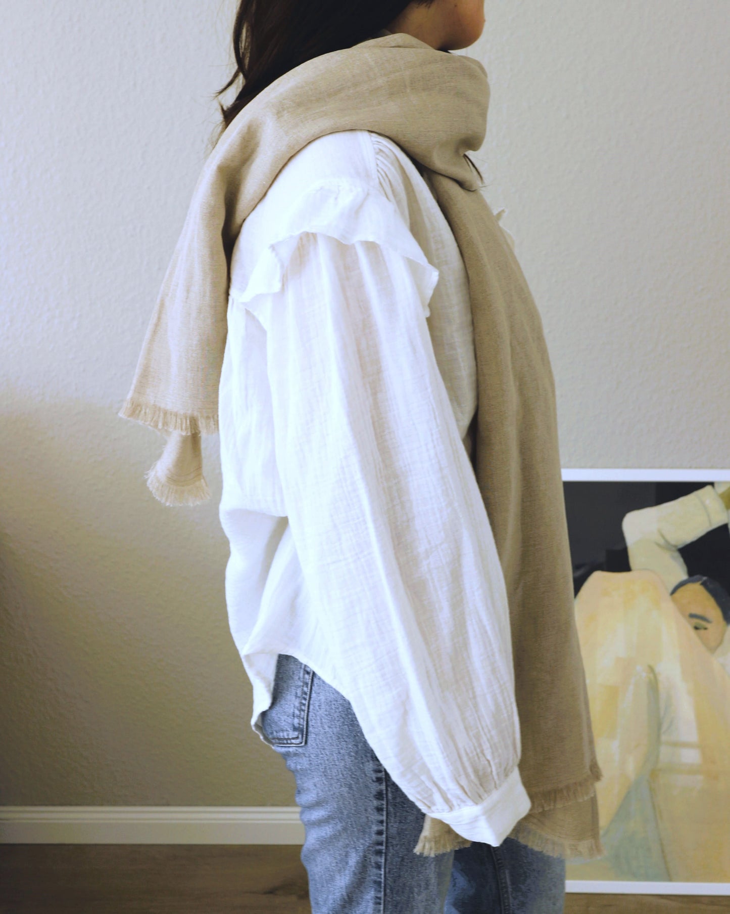 Schal mit Fransen aus reinem Bio-Leinen, Flachs (Undyed)