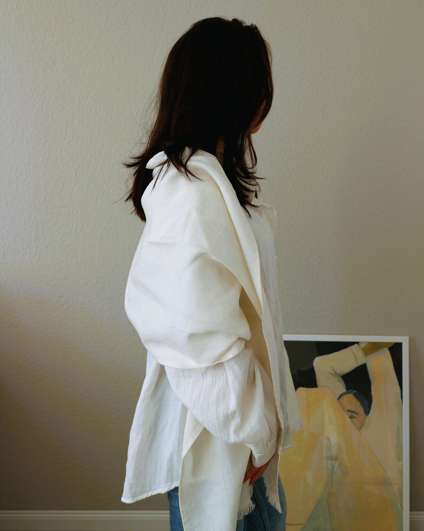 Schal mit Fransen aus reinem Bio-Leinen, Offwhite