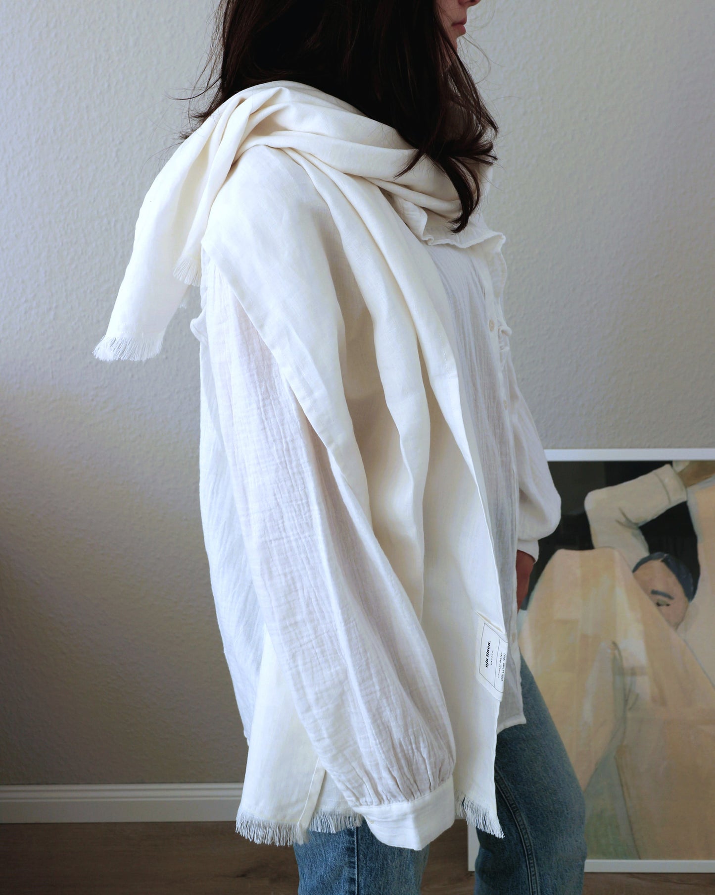 Schal mit Fransen aus reinem Bio-Leinen, Offwhite