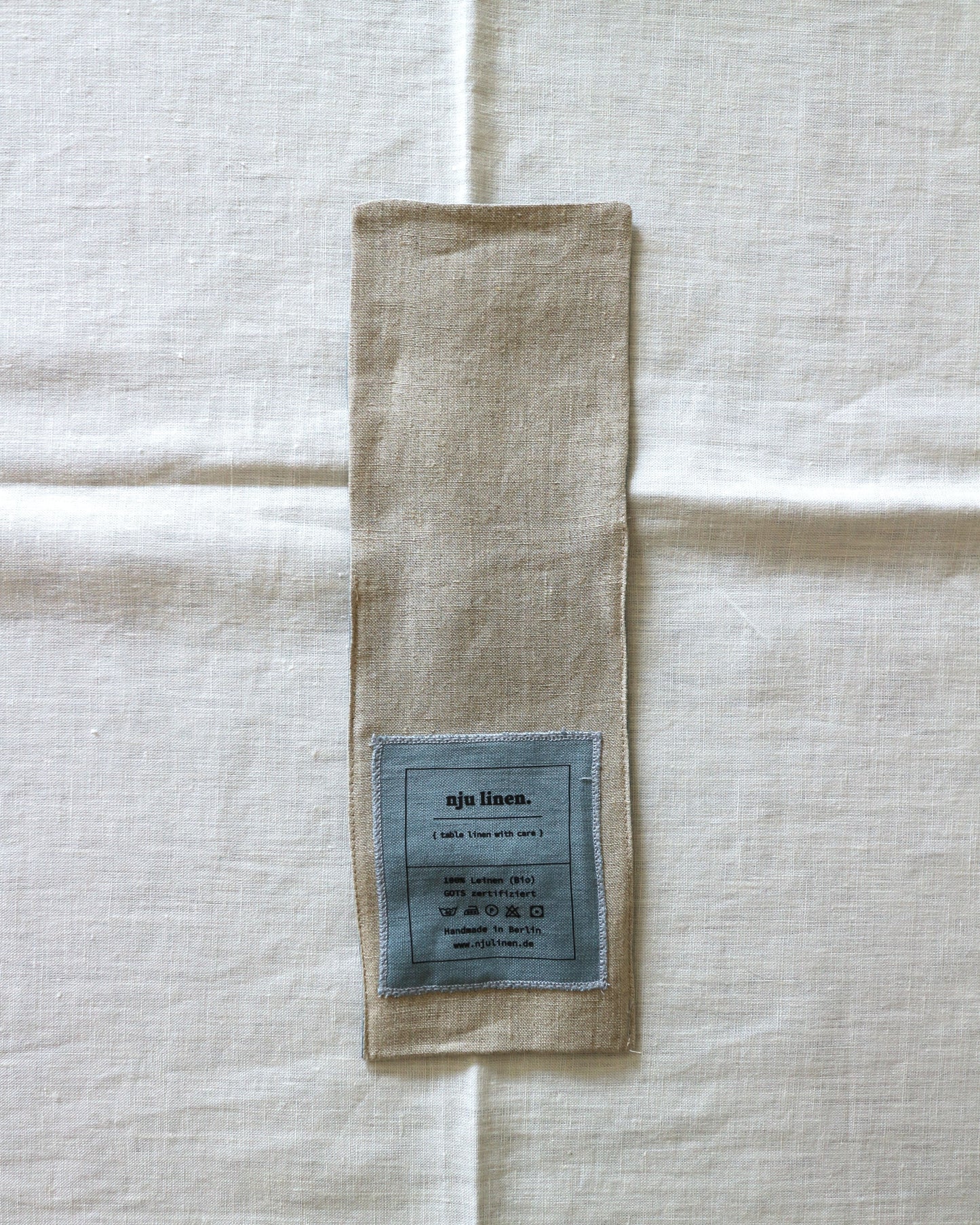 Bestecktasche aus reinem Bio-Leinen, Flachs/Seeblau