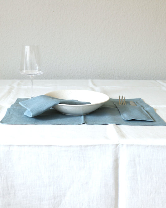 Bestecktaschen in Seeblau aus 100% Bio-Leinen