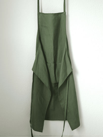 Kochschürze aus reinem Bio-Leinen in Olivgrün, unisex
