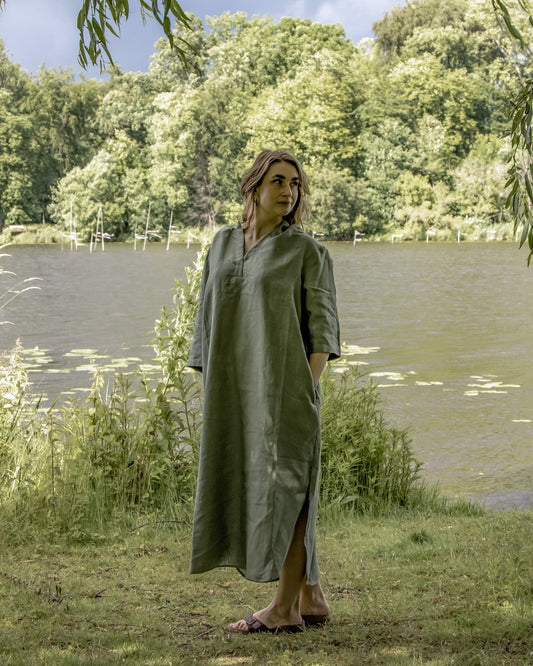 Leinenkleid in Olivgrün aus 100% Bio-Leinen