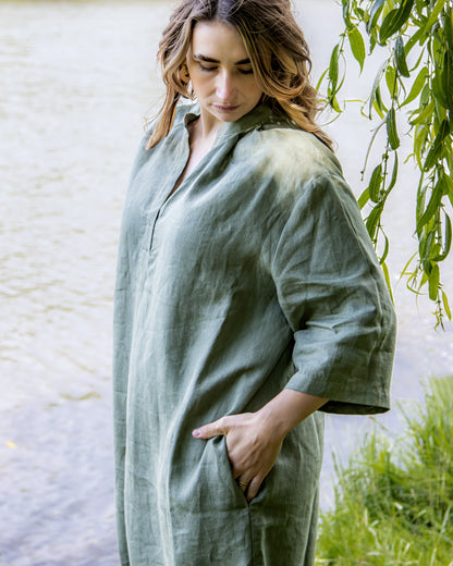 Leinenkleid in Olivgrün aus 100% Bio-Leinen