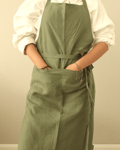 Leinenschürze aus reinem Bio-Leinen, Olivgrün