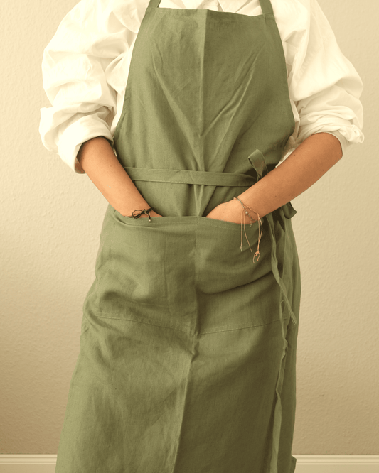 Leinenschürze aus reinem Bio-Leinen, Olivgrün