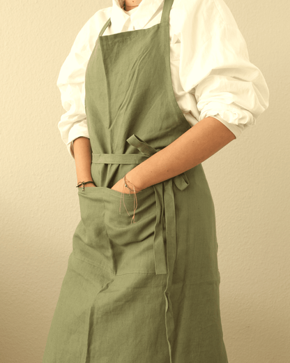 Leinenschürze aus reinem Bio-Leinen, Olivgrün