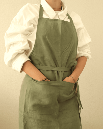 Leinenschürze aus reinem Bio-Leinen, Olivgrün