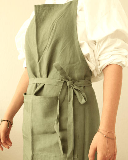 Leinenschürze aus reinem Bio-Leinen, Olivgrün