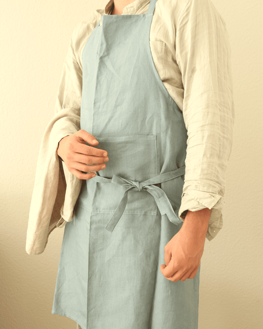 Leinenschürze aus reinem Bio-Leinen, Seeblau