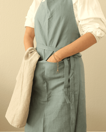 Leinenschürze aus reinem Bio-Leinen, Seeblau