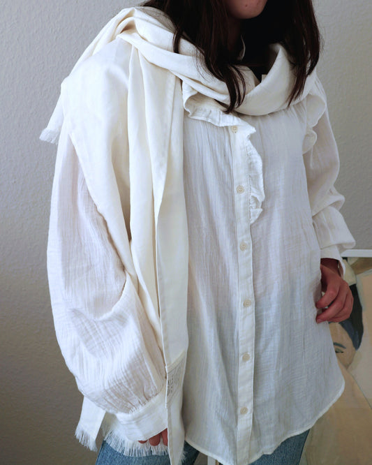 Schal mit Fransen aus reinem Bio-Leinen, Offwhite